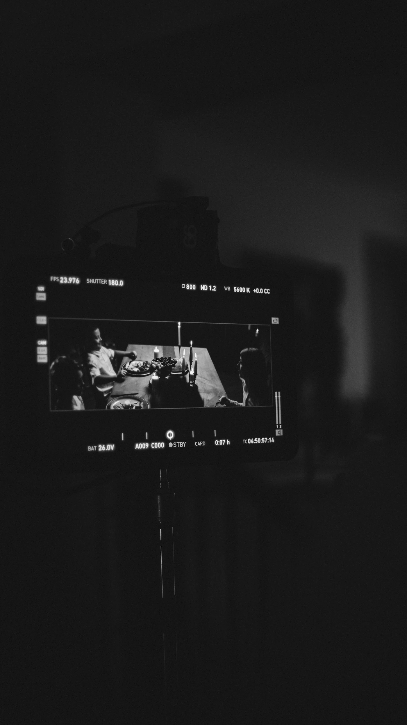 Camera monitor displaying a scene being filmed